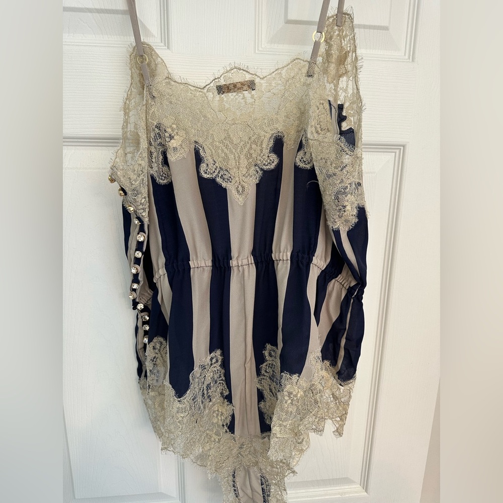 Rosamosario 100% Silk Bodysuit Playsuit Navy Cream Stripes Champagne Lace Silk - Picture 11 of 17